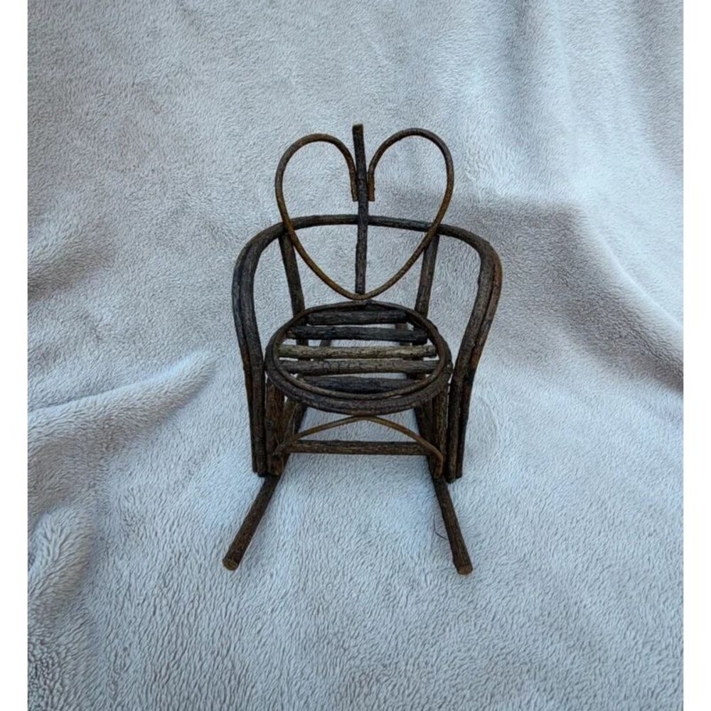 Vintage Miniature Twig Rocking Chair Heart Back Rustic Doll Plant Stand